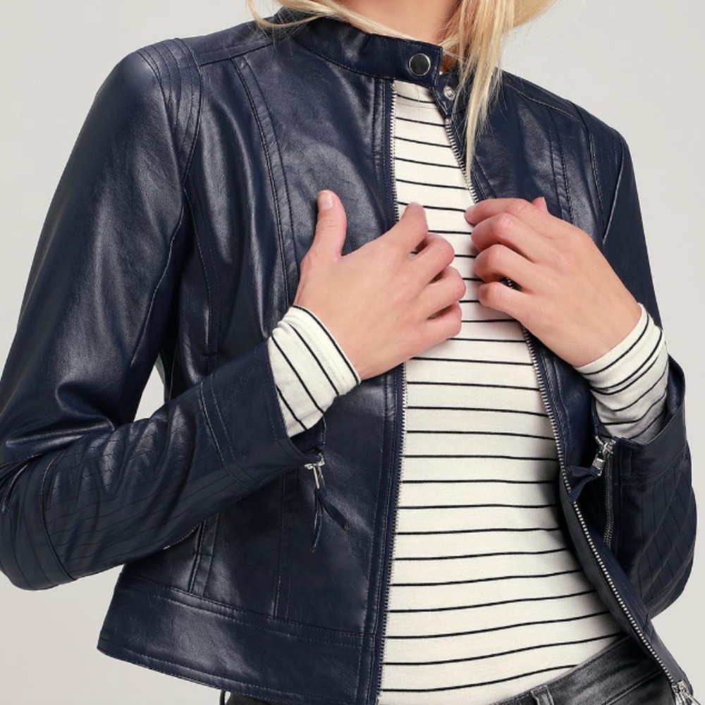 DON'T HOLD BACK NAVY BLUE VEGAN LEATHER MOTO JACKE